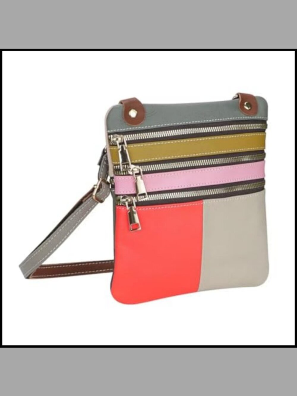 Genuine Leather Mini Crossbody Bag Multi Zipped Compartments Phone Purse
